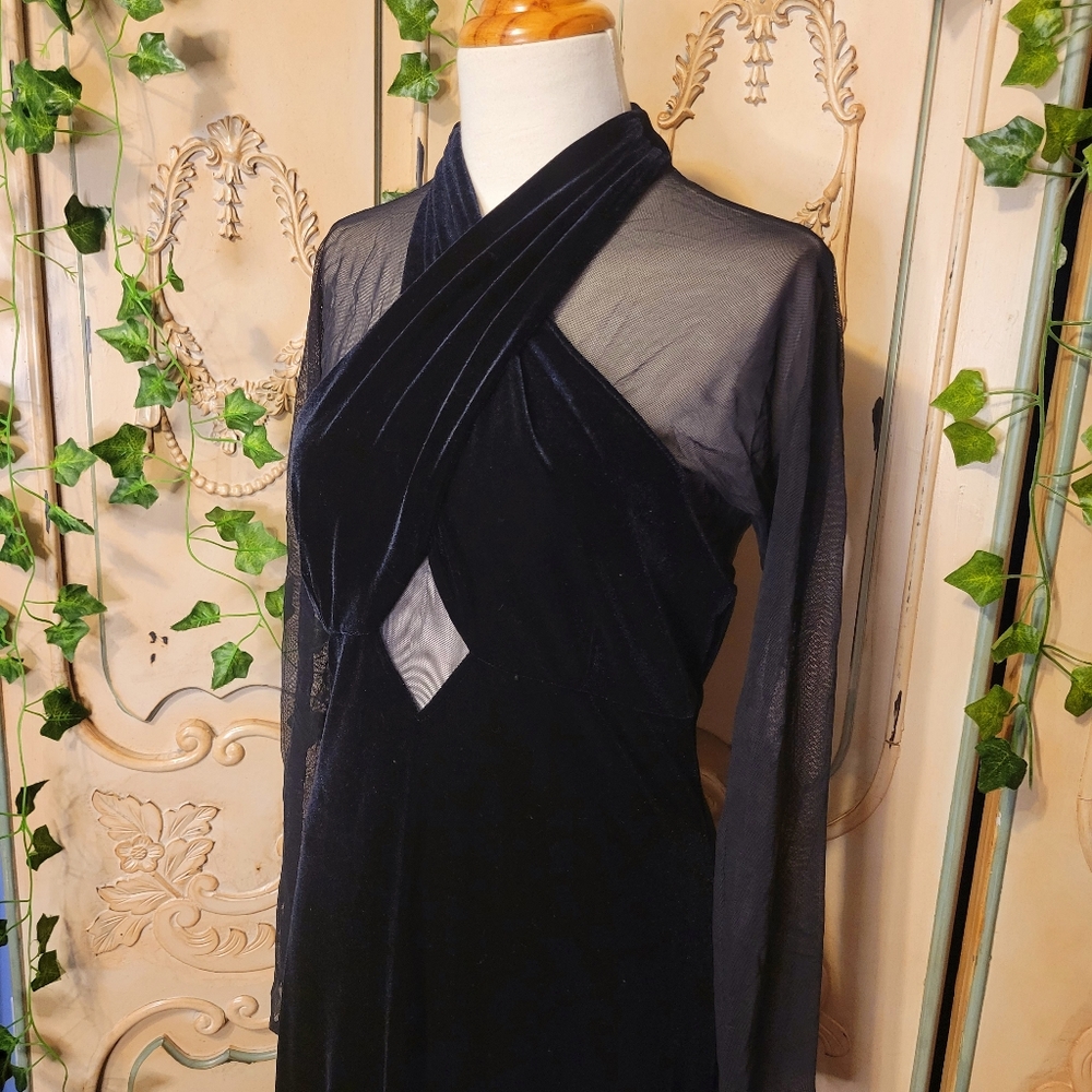 Women's Black Velvet Maxi Dress with Sheer Sleeves